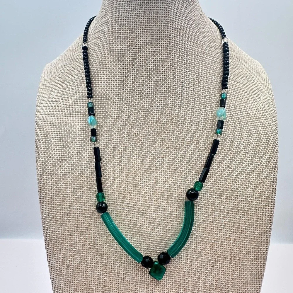 Vintage 80s Glass Bead‎ Necklace Deco Style Geometric Statement Fashion Jewelry